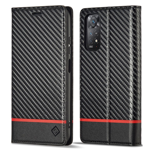LC.IMEEKE For Xiaomi Redmi Note 11 4G (Qualcomm)/Note 11S 4G Shockproof Flip Wallet Case, PU Leather Carbon Fiber Texture Stand Magnetic Auto-absorbed Phone Cover