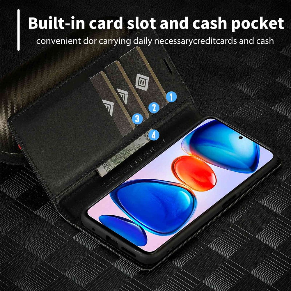 LC.IMEEKE For Xiaomi Redmi Note 11 4G (Qualcomm)/Note 11S 4G Shockproof Flip Wallet Case, PU Leather Carbon Fiber Texture Stand Magnetic Auto-absorbed Phone Cover