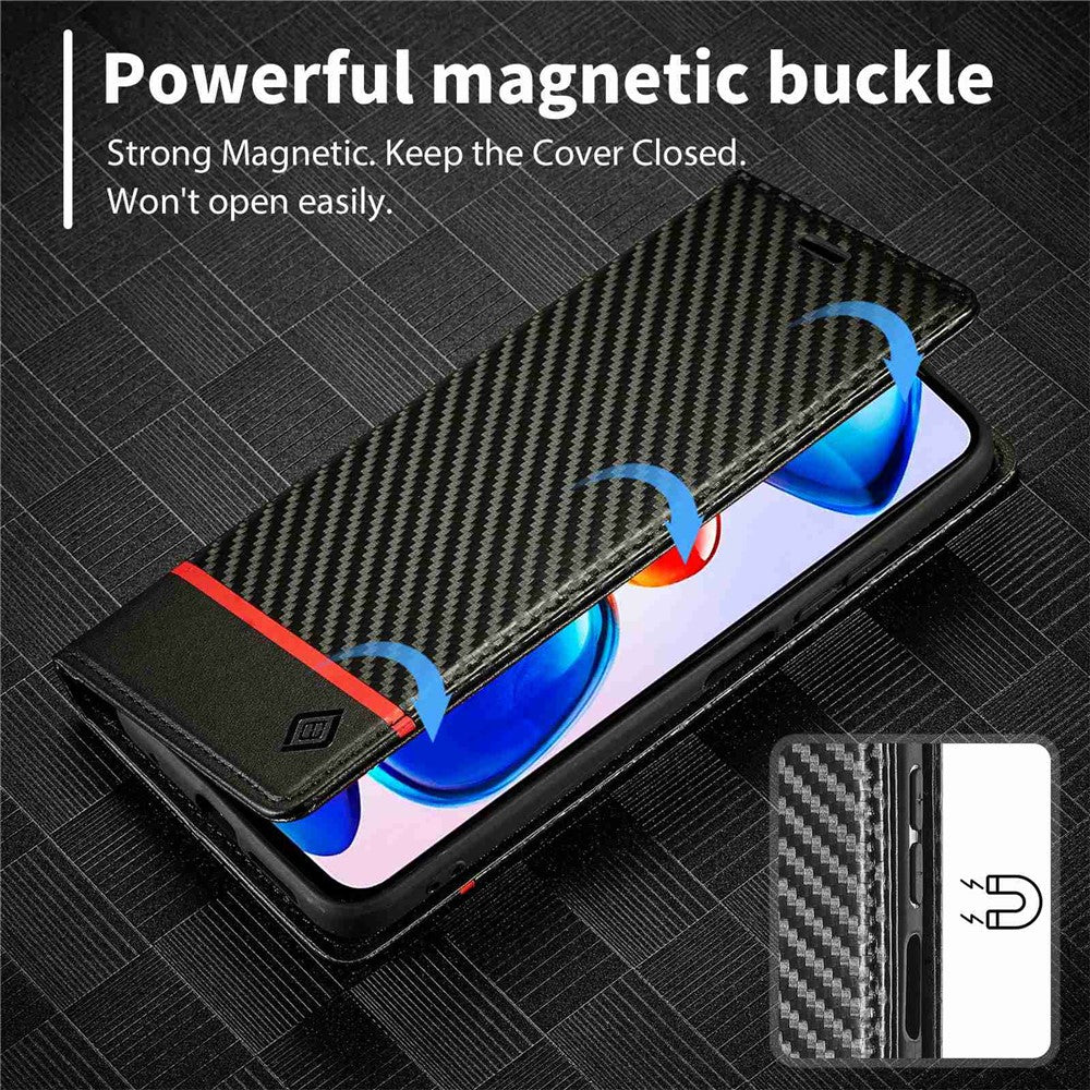 LC.IMEEKE For Xiaomi Redmi Note 11 4G (Qualcomm)/Note 11S 4G Shockproof Flip Wallet Case, PU Leather Carbon Fiber Texture Stand Magnetic Auto-absorbed Phone Cover