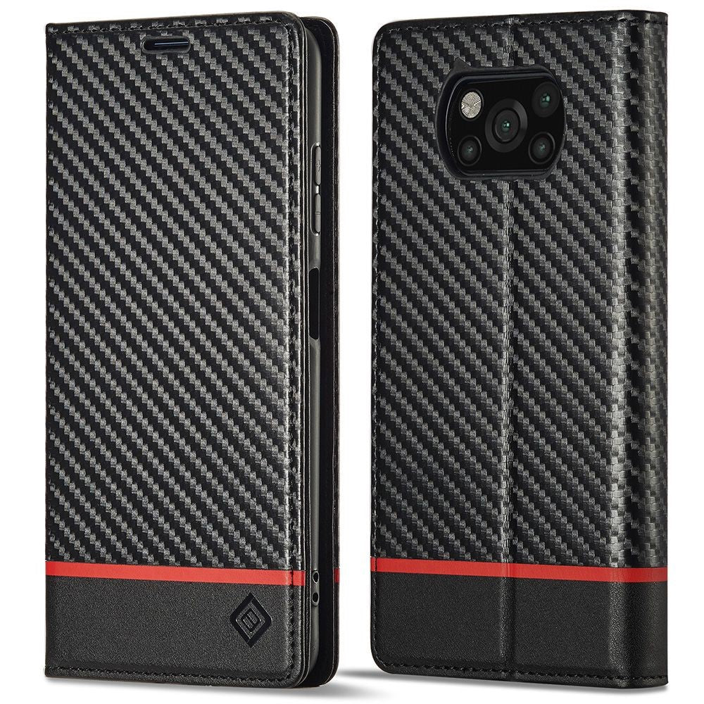 LC.IMEEKE For Xiaomi Poco X3/X3 Pro/X3 NFC Flip Wallet Case, Shock Absorption PU Leather Carbon Fiber Texture Stand Magnetic Auto-absorbed Phone Cover