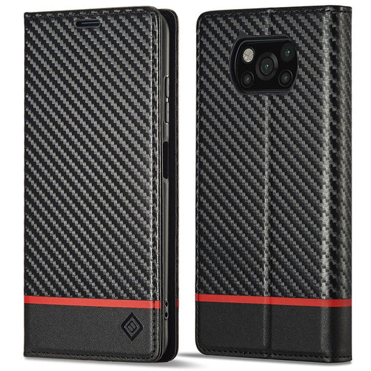 LC.IMEEKE For Xiaomi Poco X3/X3 Pro/X3 NFC Flip Wallet Case, Shock Absorption PU Leather Carbon Fiber Texture Stand Magnetic Auto-absorbed Phone Cover