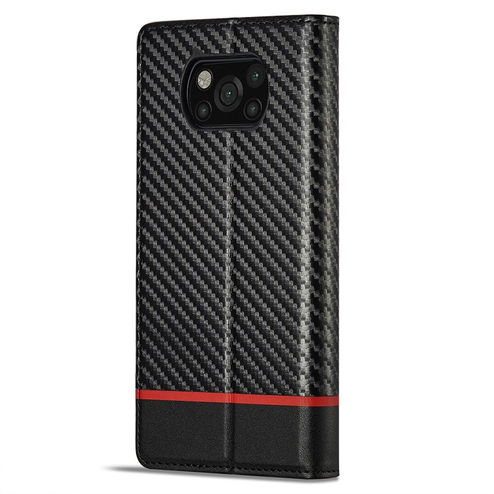 LC.IMEEKE For Xiaomi Poco X3/X3 Pro/X3 NFC Flip Wallet Case, Shock Absorption PU Leather Carbon Fiber Texture Stand Magnetic Auto-absorbed Phone Cover
