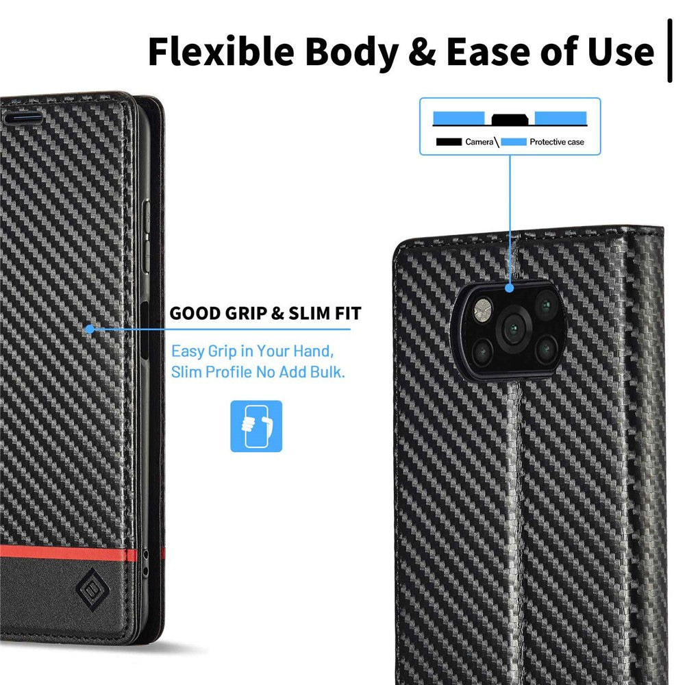 LC.IMEEKE For Xiaomi Poco X3/X3 Pro/X3 NFC Flip Wallet Case, Shock Absorption PU Leather Carbon Fiber Texture Stand Magnetic Auto-absorbed Phone Cover