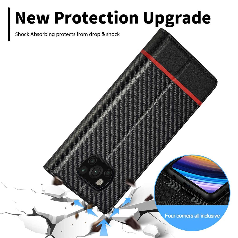 LC.IMEEKE For Xiaomi Poco X3/X3 Pro/X3 NFC Flip Wallet Case, Shock Absorption PU Leather Carbon Fiber Texture Stand Magnetic Auto-absorbed Phone Cover