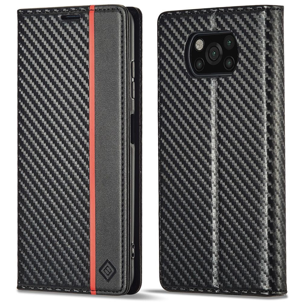 LC.IMEEKE For Xiaomi Poco X3/X3 Pro/X3 NFC Flip Wallet Case, Shock Absorption PU Leather Carbon Fiber Texture Stand Magnetic Auto-absorbed Phone Cover