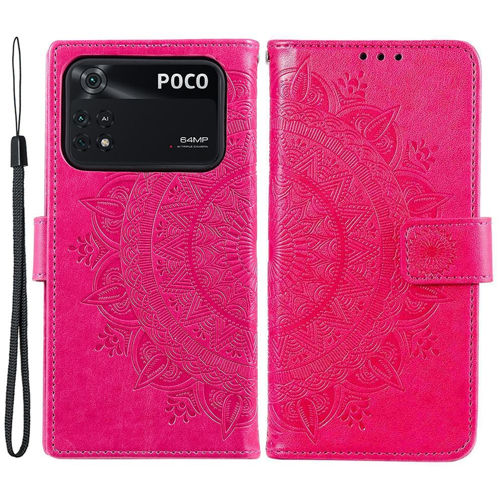 Imprinted Mandala Flower Wallet Design Leather Case with Strap for Xiaomi Poco M4 Pro 4G, Anti-Drop Full Protection Phone Stand Case