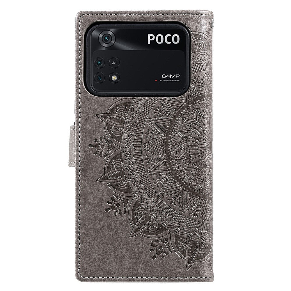 Imprinted Mandala Flower Wallet Design Leather Case with Strap for Xiaomi Poco M4 Pro 4G, Anti-Drop Full Protection Phone Stand Case