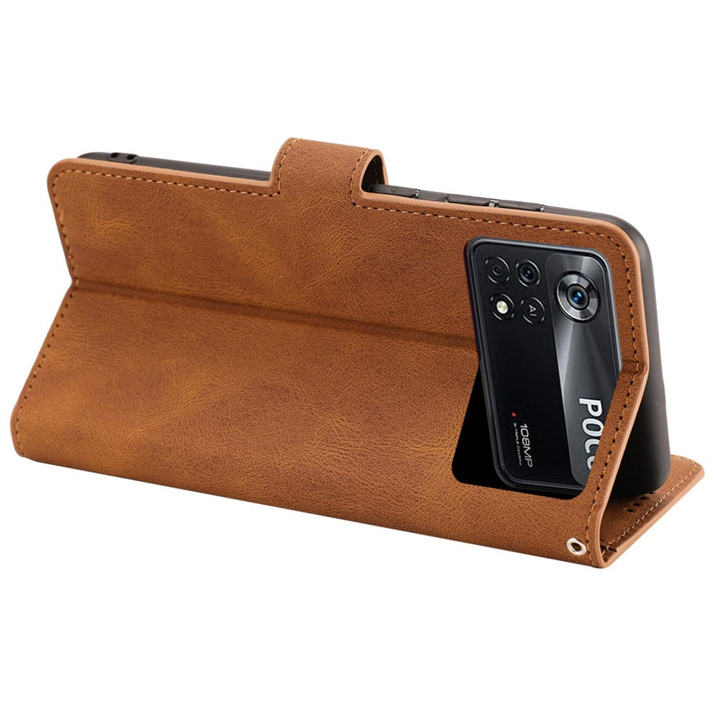 For Xiaomi Poco X4 Pro 5G PU Leather Magnetic Closure Handbag Stand Shockproof Flip Folio Wallet Cover with Strap