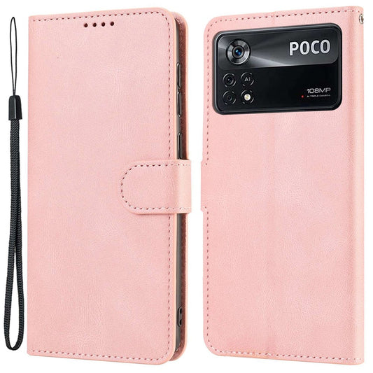 For Xiaomi Poco M4 Pro 4G PU Leather Drop-proof Protection Phone Case Wallet Stand Protective Cover with Strap
