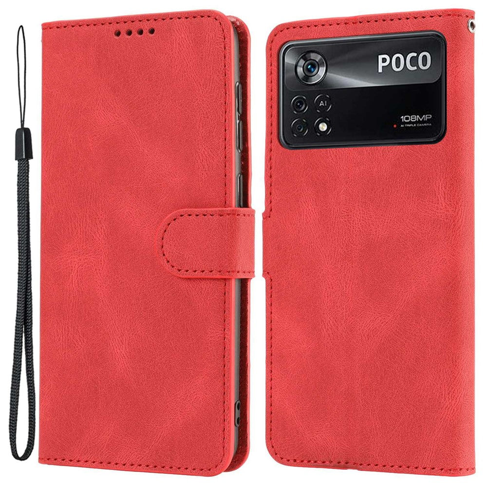 For Xiaomi Poco M4 Pro 4G PU Leather Drop-proof Protection Phone Case Wallet Stand Protective Cover with Strap
