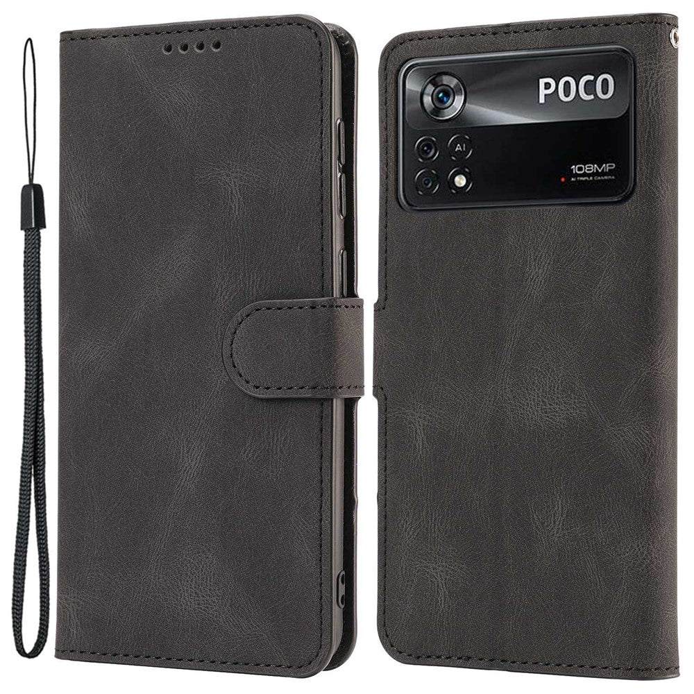 For Xiaomi Poco M4 Pro 4G PU Leather Drop-proof Protection Phone Case Wallet Stand Protective Cover with Strap