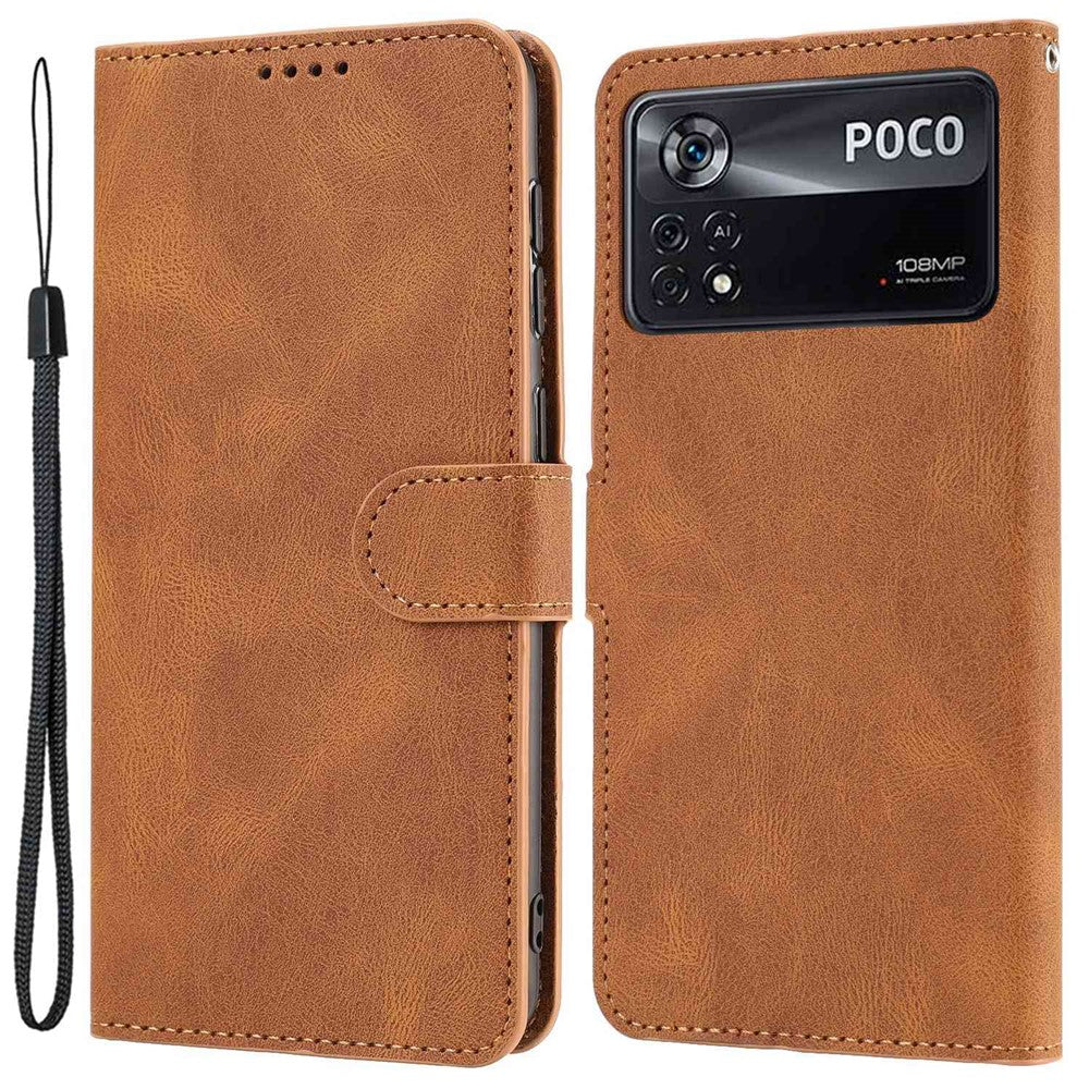 For Xiaomi Poco M4 Pro 4G PU Leather Drop-proof Protection Phone Case Wallet Stand Protective Cover with Strap