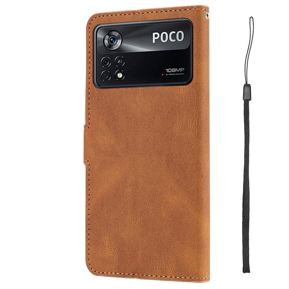 For Xiaomi Poco M4 Pro 4G PU Leather Drop-proof Protection Phone Case Wallet Stand Protective Cover with Strap