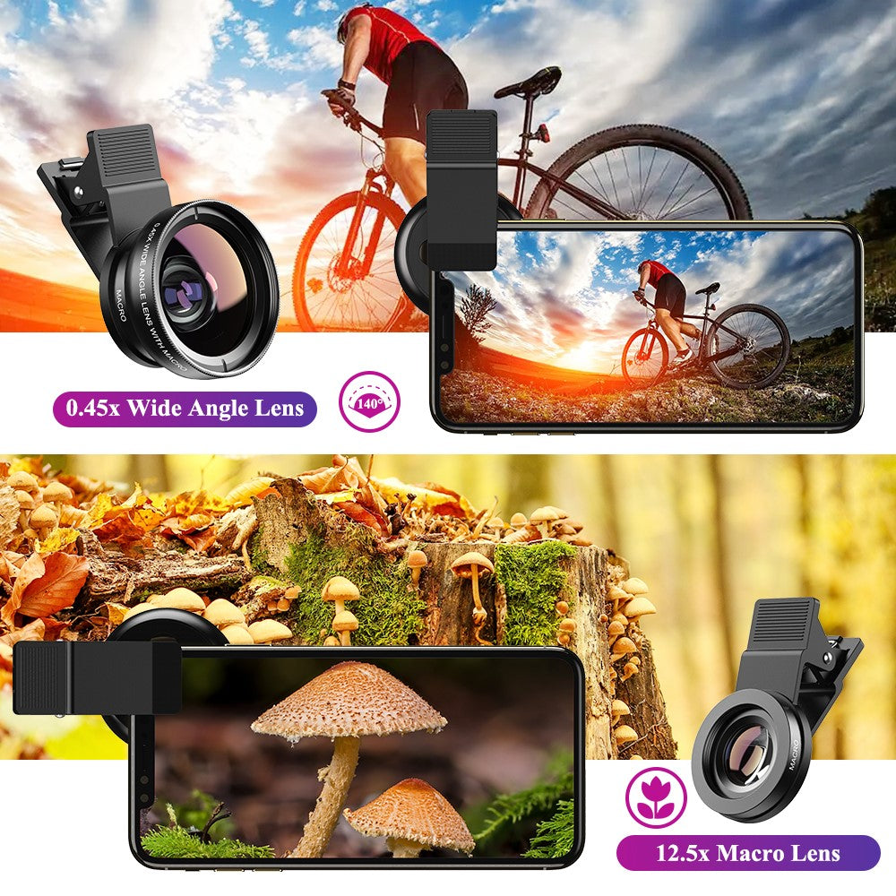 APEXEL 0,45x Universal-Superweitwinkel 12,5x Makro SLR-Effekt Externes Kameraobjektiv für Smartphones