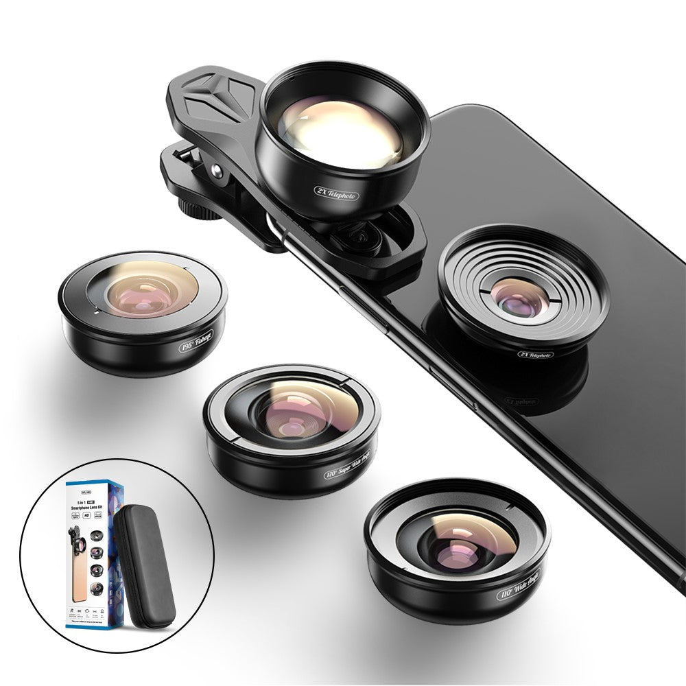 APEXEL APL-HB5IN1 5-in-1 Handy-Objektivset – 195° Fisheye-Objektiv, 110° Weitwinkelobjektiv, 10x Makroobjektiv, 2x Teleobjektiv, 170° Superweitwinkelobjektiv
