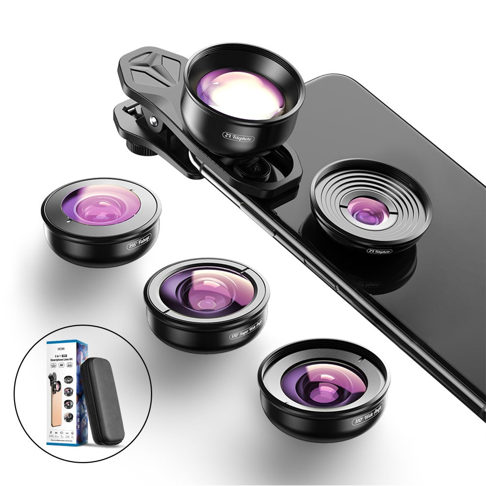 APEXEL APL-HB5IN1 5-in-1 Handy-Objektivset – 195° Fisheye-Objektiv, 110° Weitwinkelobjektiv, 10x Makroobjektiv, 2x Teleobjektiv, 170° Superweitwinkelobjektiv