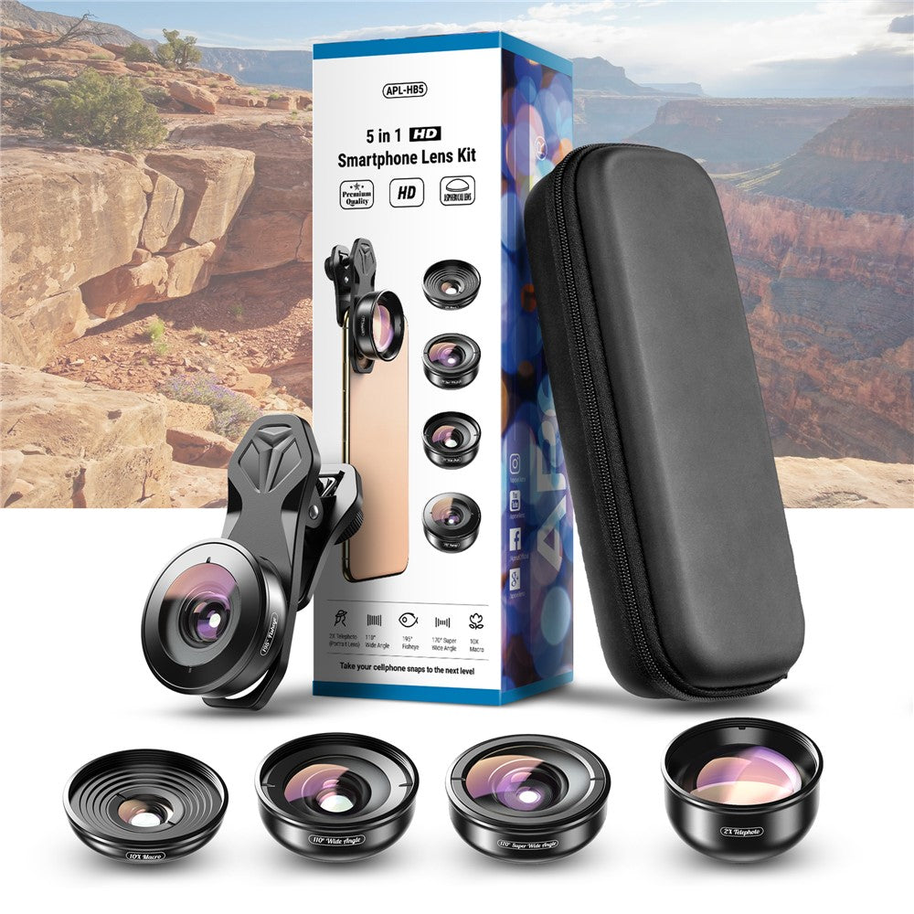 APEXEL APL-HB5IN1 5-in-1 Handy-Objektivset – 195° Fisheye-Objektiv, 110° Weitwinkelobjektiv, 10x Makroobjektiv, 2x Teleobjektiv, 170° Superweitwinkelobjektiv