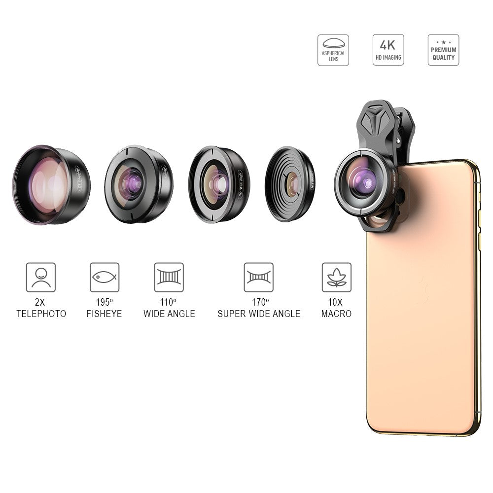 APEXEL APL-HB5IN1 5-in-1 Handy-Objektivset – 195° Fisheye-Objektiv, 110° Weitwinkelobjektiv, 10x Makroobjektiv, 2x Teleobjektiv, 170° Superweitwinkelobjektiv