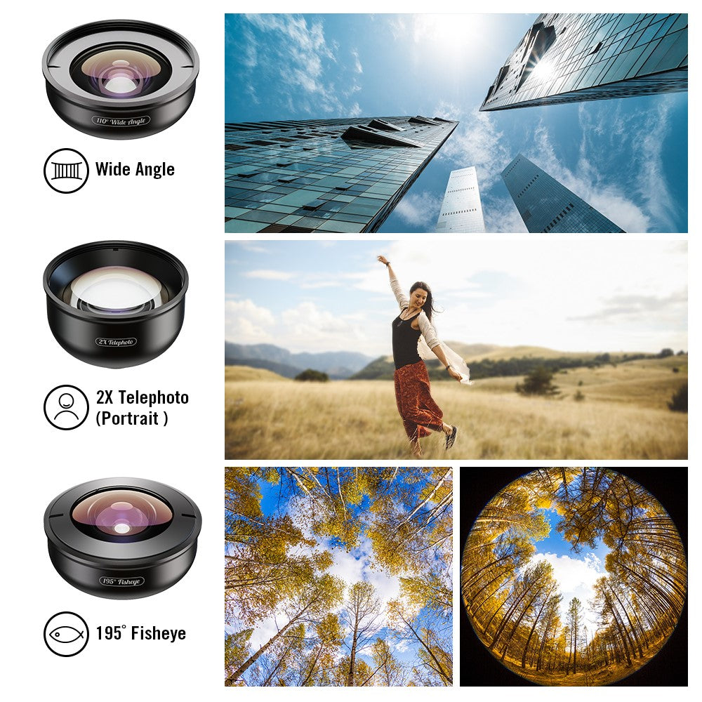 APEXEL APL-HB5IN1 5-in-1 Handy-Objektivset – 195° Fisheye-Objektiv, 110° Weitwinkelobjektiv, 10x Makroobjektiv, 2x Teleobjektiv, 170° Superweitwinkelobjektiv