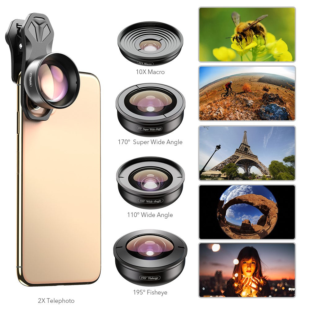 APEXEL APL-HB5IN1 5-in-1 Handy-Objektivset – 195° Fisheye-Objektiv, 110° Weitwinkelobjektiv, 10x Makroobjektiv, 2x Teleobjektiv, 170° Superweitwinkelobjektiv