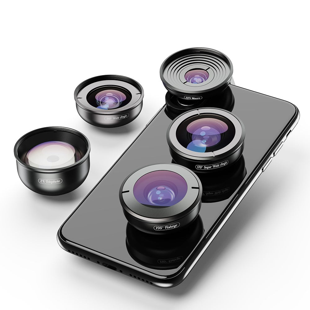 APEXEL APL-HB5IN1 5-in-1 Handy-Objektivset – 195° Fisheye-Objektiv, 110° Weitwinkelobjektiv, 10x Makroobjektiv, 2x Teleobjektiv, 170° Superweitwinkelobjektiv