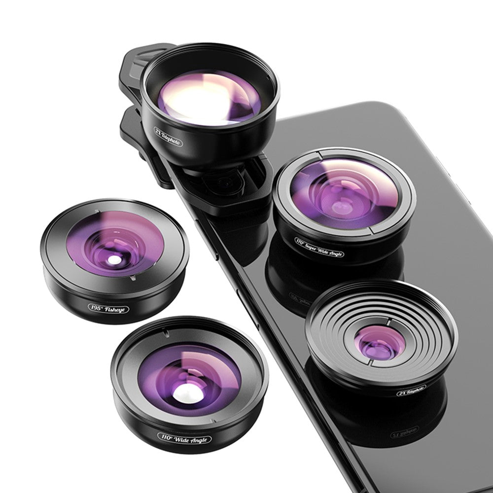 APEXEL APL-HB5IN1 5-in-1 Handy-Objektivset – 195° Fisheye-Objektiv, 110° Weitwinkelobjektiv, 10x Makroobjektiv, 2x Teleobjektiv, 170° Superweitwinkelobjektiv