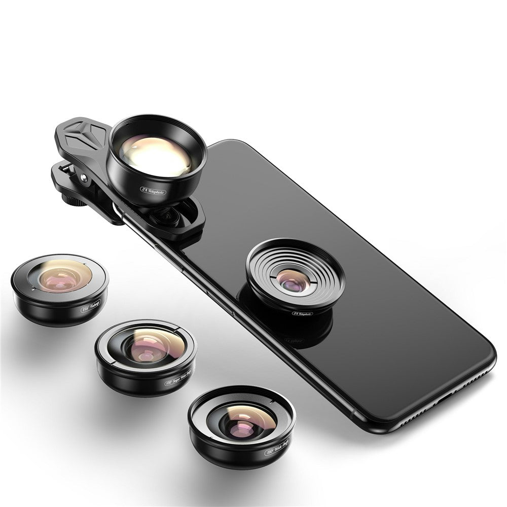 APEXEL APL-HB5IN1 5-in-1 Handy-Objektivset – 195° Fisheye-Objektiv, 110° Weitwinkelobjektiv, 10x Makroobjektiv, 2x Teleobjektiv, 170° Superweitwinkelobjektiv