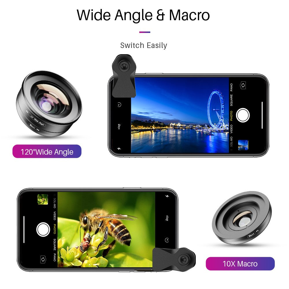 APEXEL APL-HB2IN1WM Handy-Objektiv-Set – 2-in-1-Clip-On-Makroobjektiv (10x) & 120° Weitwinkelobjektiv