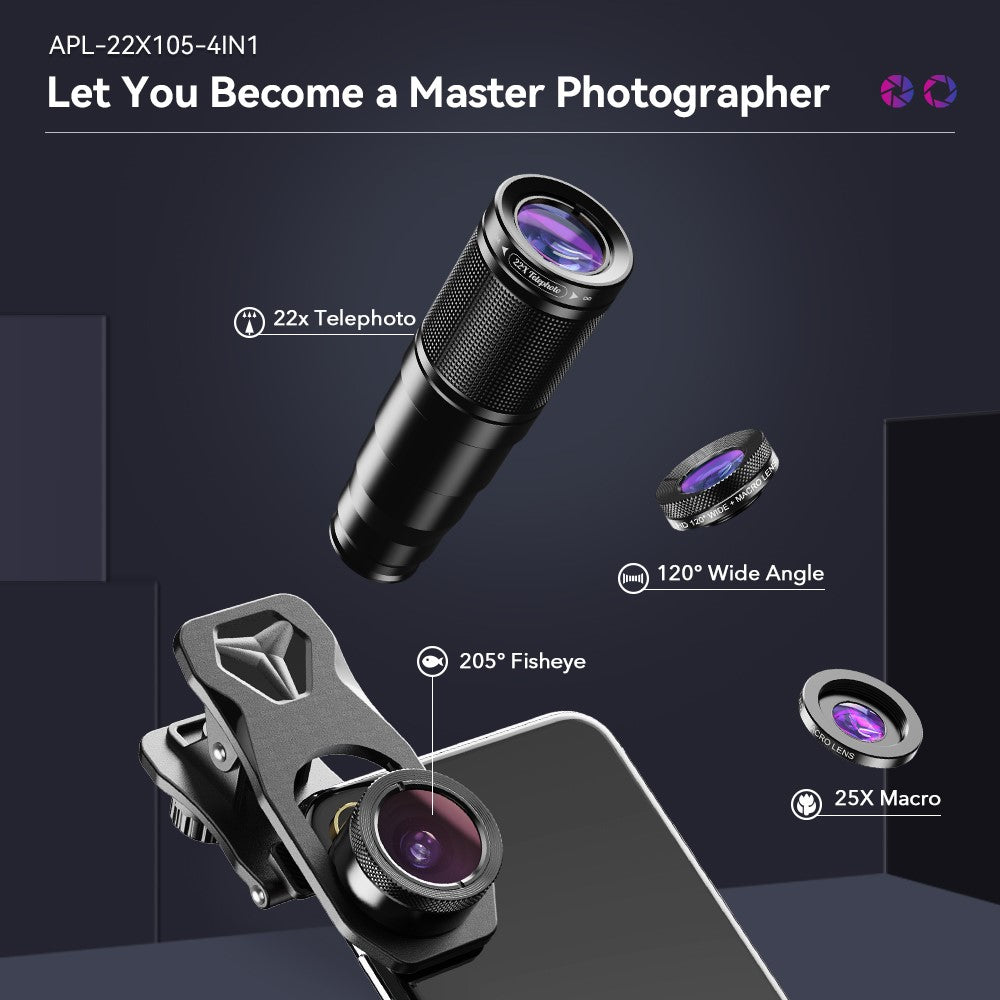 APEXEL Handy-Kameraobjektiv-Set – 22-fach Teleobjektiv, 120° Weitwinkelobjektiv, 25-fach Makroobjektiv, 205° Fisheye-Objektiv