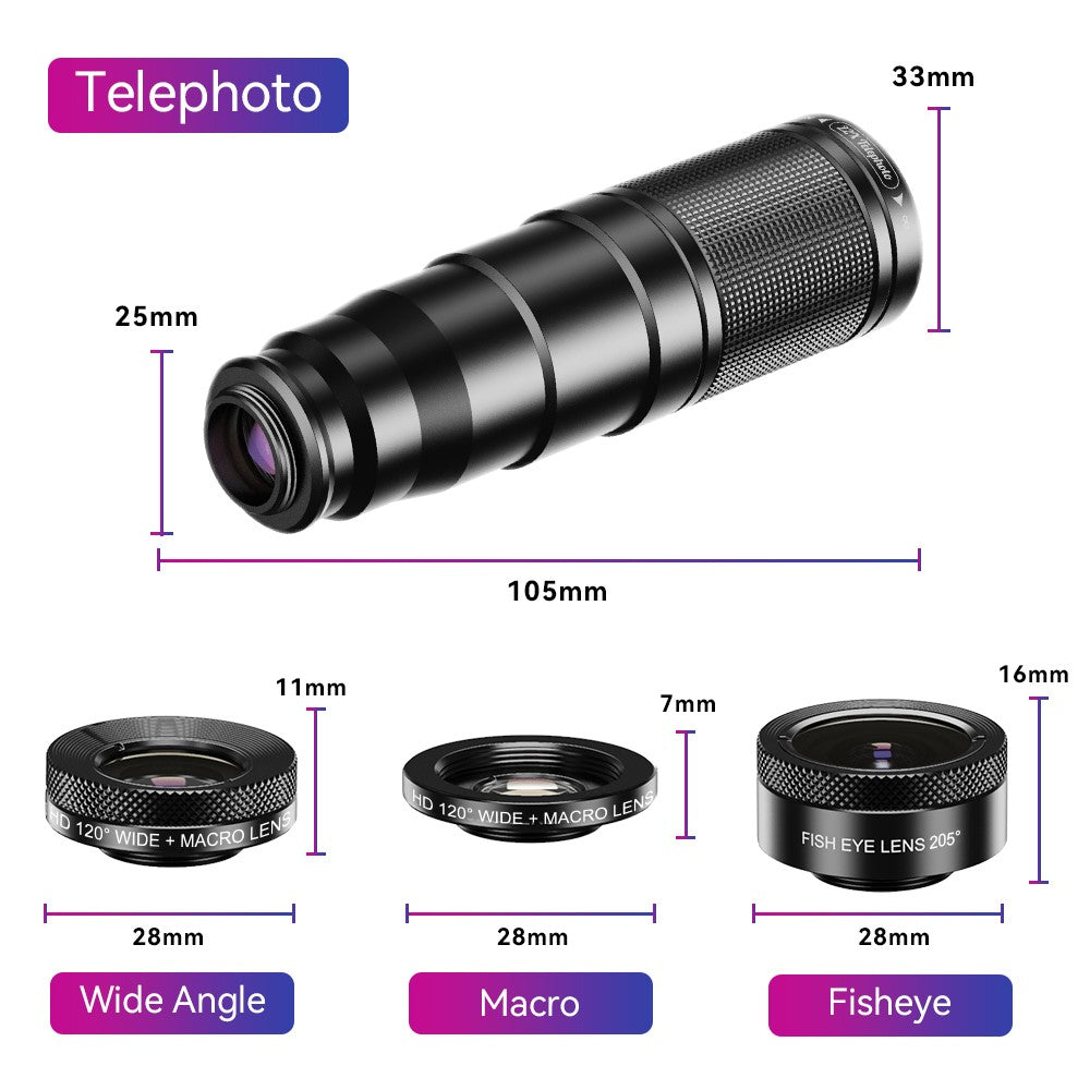 APEXEL Handy-Kameraobjektiv-Set – 22-fach Teleobjektiv, 120° Weitwinkelobjektiv, 25-fach Makroobjektiv, 205° Fisheye-Objektiv
