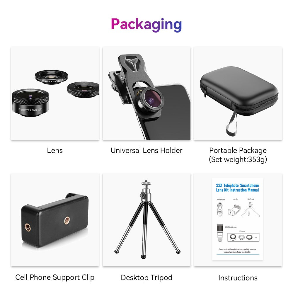 APEXEL Handy-Kameraobjektiv-Set – 22-fach Teleobjektiv, 120° Weitwinkelobjektiv, 25-fach Makroobjektiv, 205° Fisheye-Objektiv