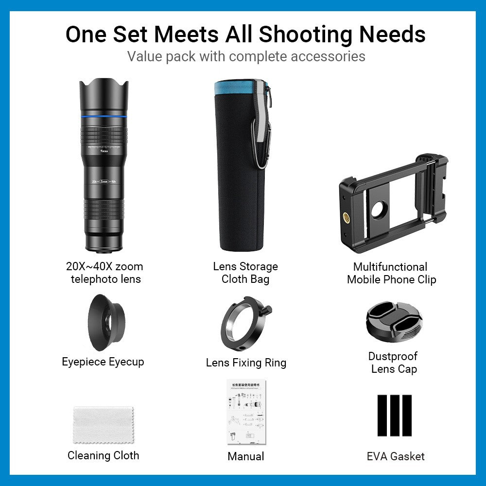 APEXEL HD Metall 20-40x Zoom-Teleskop-Teleobjektiv – Monokular Handykameraobjektiv für iPhone, Samsung & Huawei