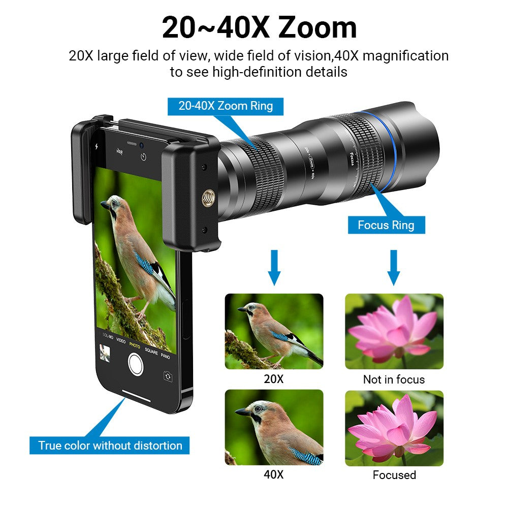 APEXEL HD Metall 20-40x Zoom-Teleskop-Teleobjektiv – Monokular Handykameraobjektiv für iPhone, Samsung & Huawei