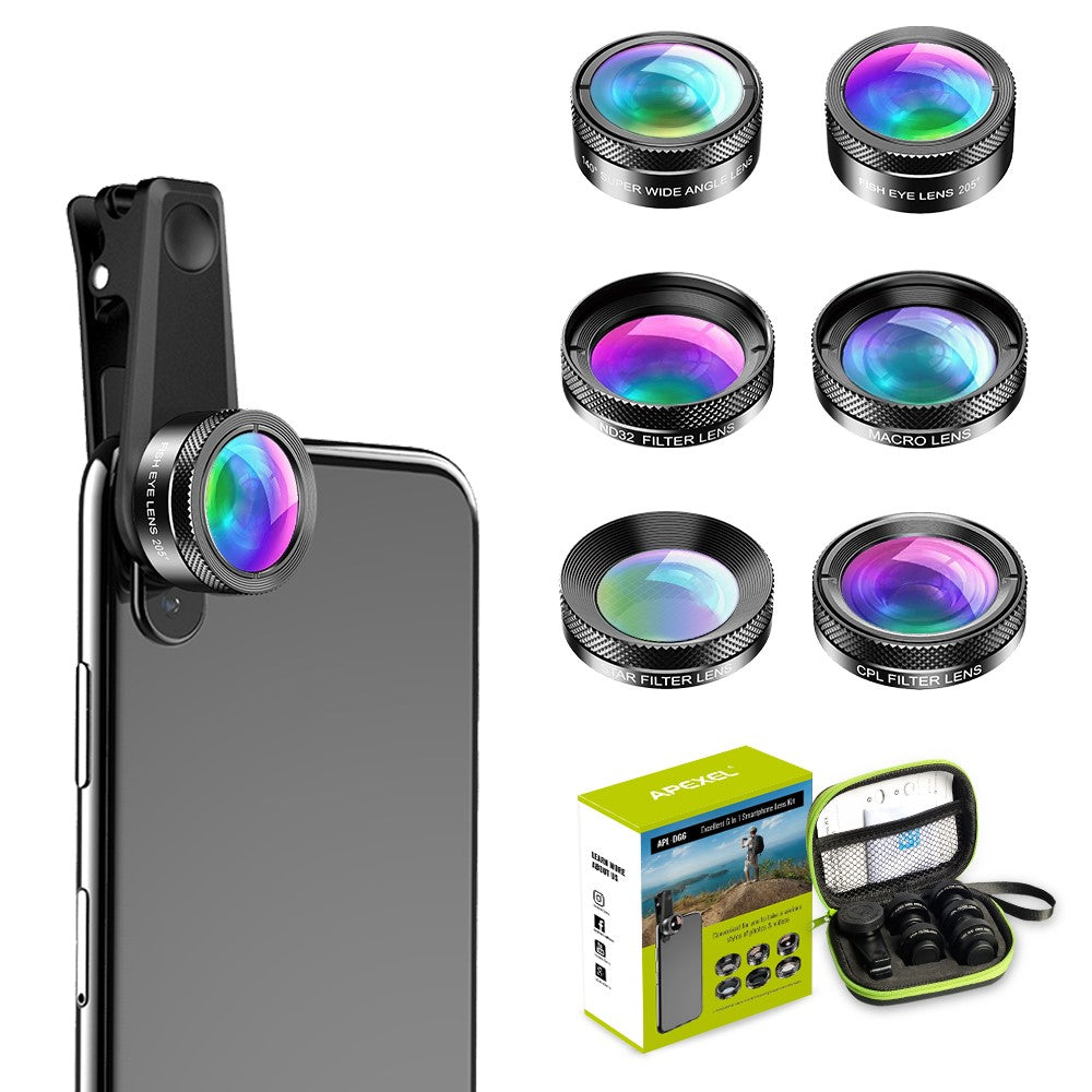APEXEL APL-DG6 HD 6-in-1 Objektivset – Weitwinkel / Sternfilter / Makro / Fisheye / ND-Filter / CPL-Filter