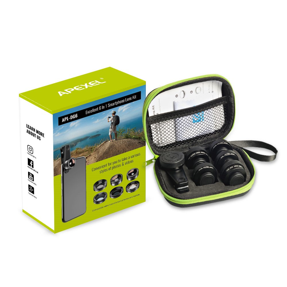 APEXEL APL-DG6 HD 6-in-1 Objektivset – Weitwinkel / Sternfilter / Makro / Fisheye / ND-Filter / CPL-Filter