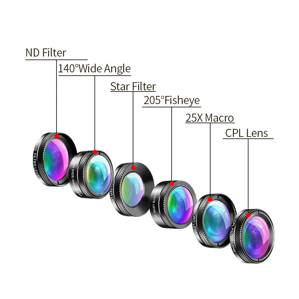 APEXEL APL-DG6 HD 6-in-1 Objektivset – Weitwinkel / Sternfilter / Makro / Fisheye / ND-Filter / CPL-Filter