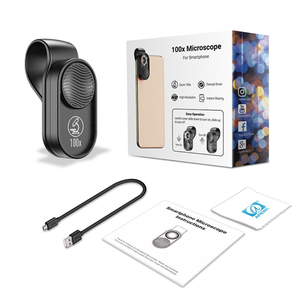 APEXEL APL-MS01 100X Handy-Kamera-Mikroskopobjektiv – Mit hoher Vergrößerung & LED-Beleuchtung für iPhones & Samsung