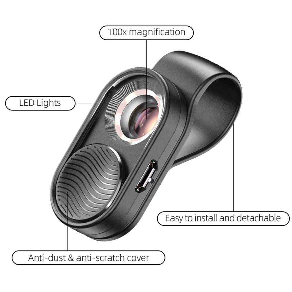 APEXEL APL-MS01 100X Handy-Kamera-Mikroskopobjektiv – Mit hoher Vergrößerung & LED-Beleuchtung für iPhones & Samsung