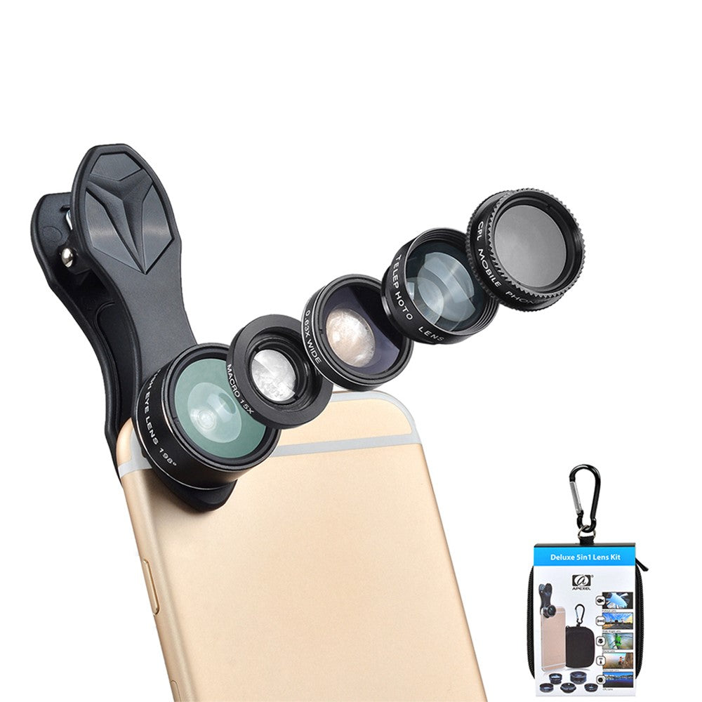 APEXEL APL-DG5-H 5-in-1 Fisheye-Weitwinkel-Makro-Teleobjektiv – Mit CPL-Sensor für Mini-Handykameras