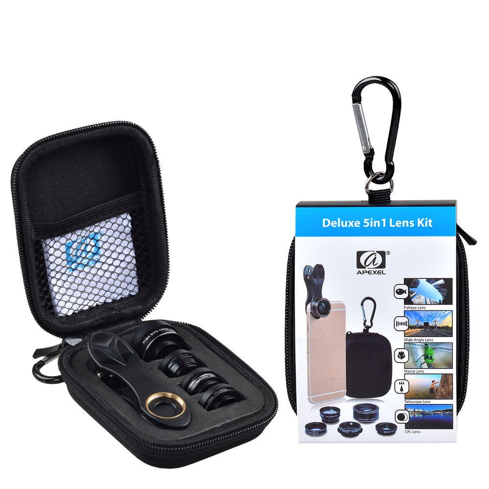 APEXEL APL-DG5-H 5-in-1 Fisheye-Weitwinkel-Makro-Teleobjektiv – Mit CPL-Sensor für Mini-Handykameras