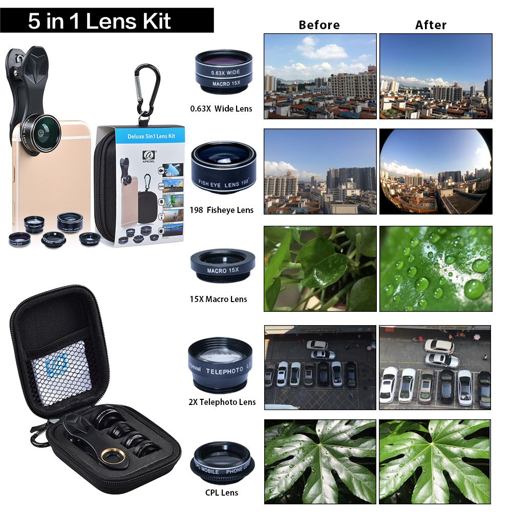 APEXEL APL-DG5-H 5-in-1 Fisheye-Weitwinkel-Makro-Teleobjektiv – Mit CPL-Sensor für Mini-Handykameras