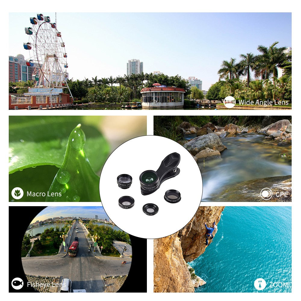 APEXEL APL-DG5-H 5-in-1 Fisheye-Weitwinkel-Makro-Teleobjektiv – Mit CPL-Sensor für Mini-Handykameras