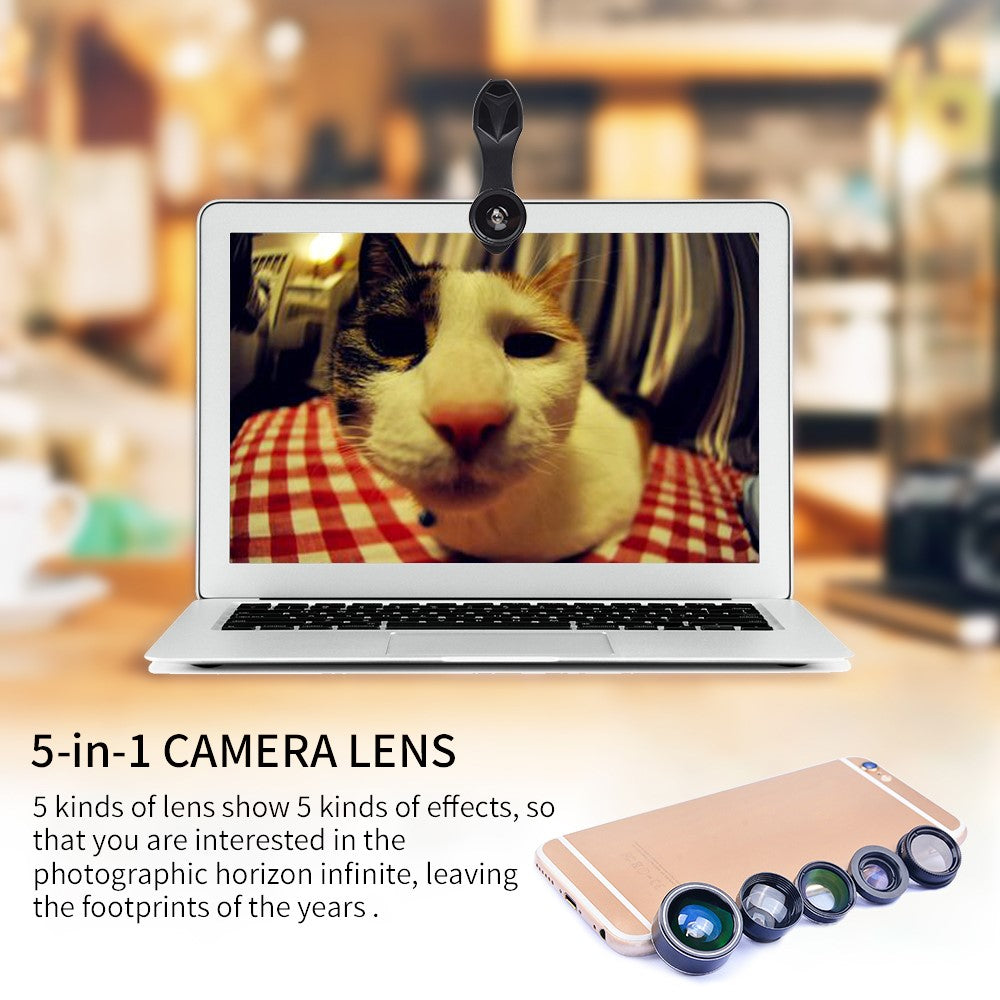 APEXEL APL-DG5-H 5-in-1 Fisheye-Weitwinkel-Makro-Teleobjektiv – Mit CPL-Sensor für Mini-Handykameras