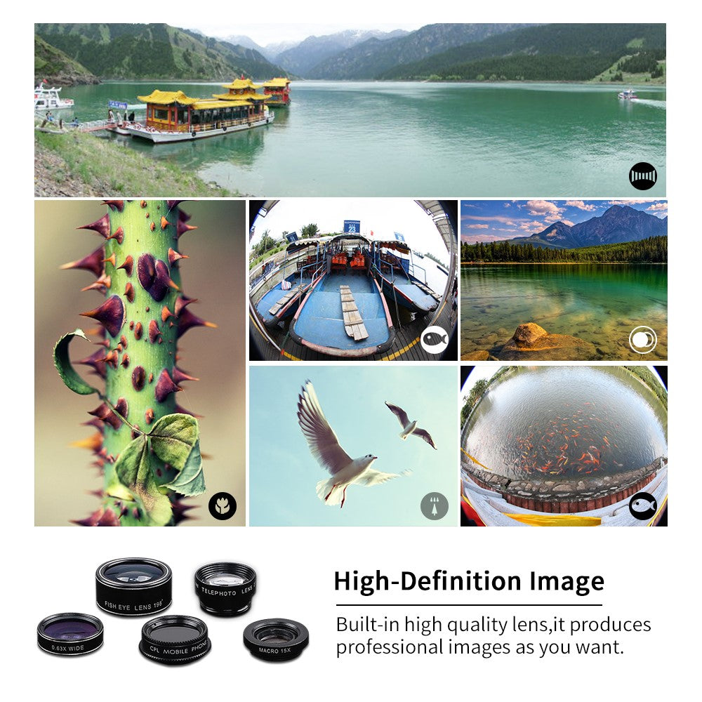 APEXEL APL-DG5-H 5-in-1 Fisheye-Weitwinkel-Makro-Teleobjektiv – Mit CPL-Sensor für Mini-Handykameras