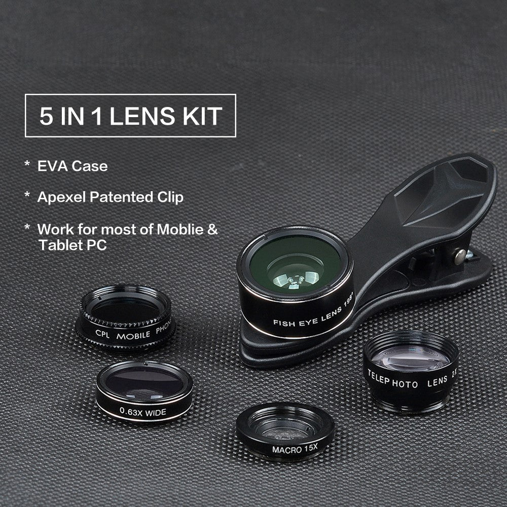APEXEL APL-DG5-H 5-in-1 Fisheye-Weitwinkel-Makro-Teleobjektiv – Mit CPL-Sensor für Mini-Handykameras