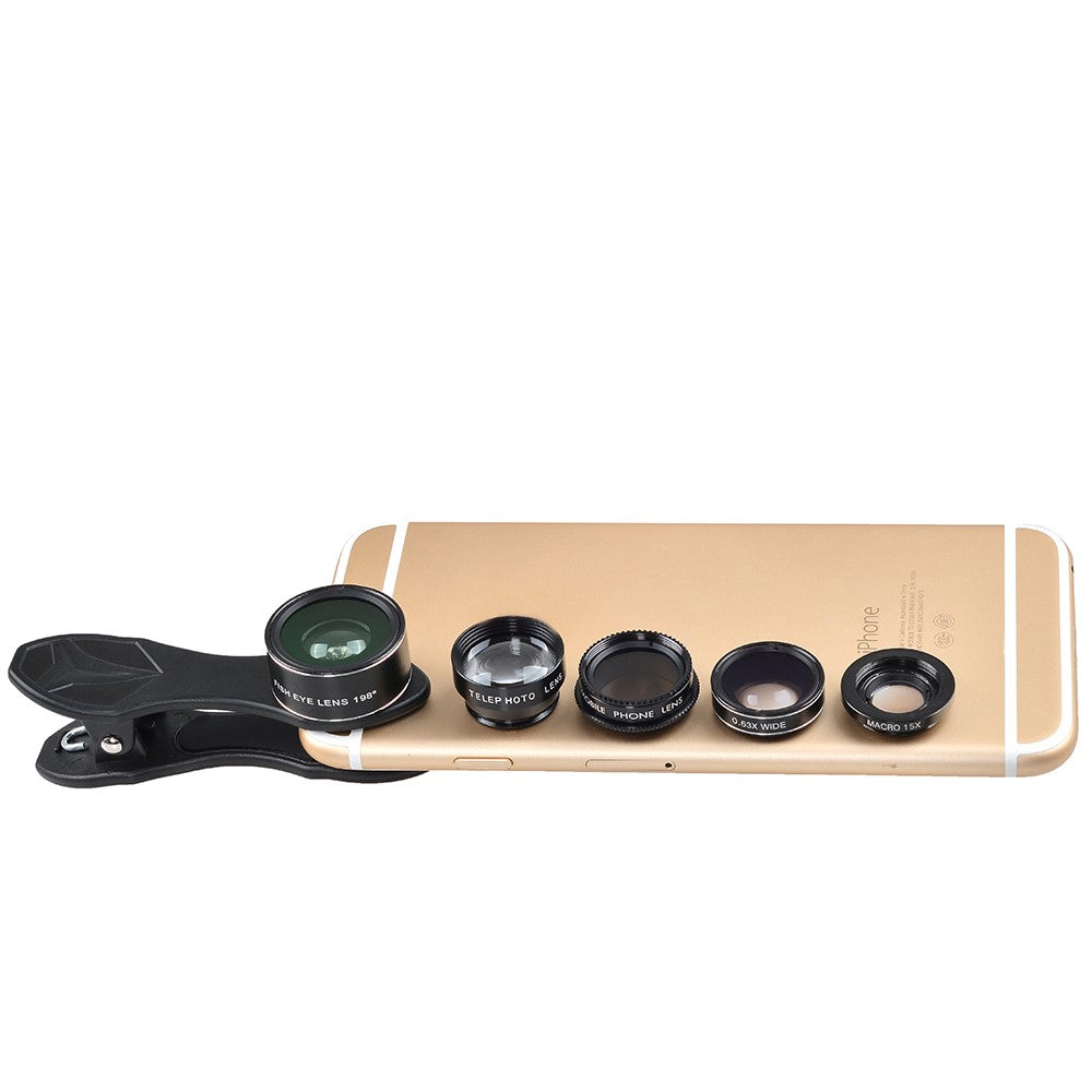 APEXEL APL-DG5-H 5-in-1 Fisheye-Weitwinkel-Makro-Teleobjektiv – Mit CPL-Sensor für Mini-Handykameras