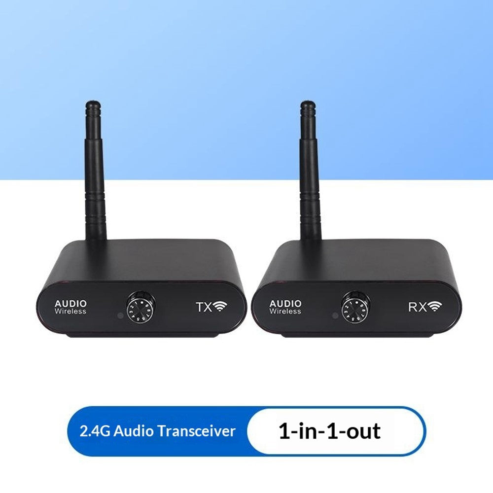 MEASY AU2410 Drahtloser Audio-Transmitter – Mit 100 m Reichweite & beidseitiger Lautstärkeregelung, 1 Sender & 1 Empfänger, für 1 bis 8 Geräte