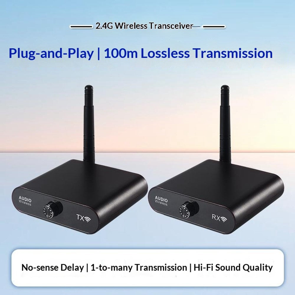 MEASY AU2410 Drahtloser Audio-Transmitter – Mit 100 m Reichweite & beidseitiger Lautstärkeregelung, 1 Sender & 1 Empfänger, für 1 bis 8 Geräte