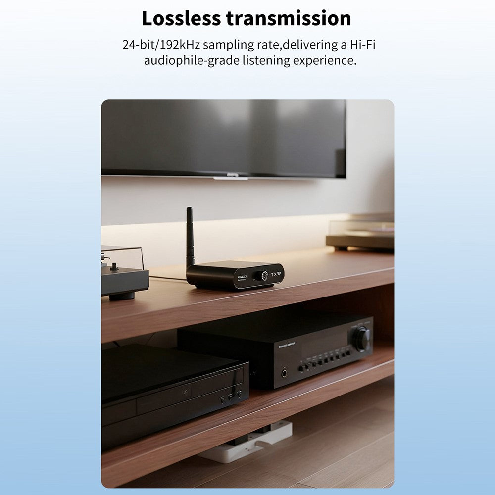 MEASY AU2410 Drahtloser Audio-Transmitter – Mit 100 m Reichweite & beidseitiger Lautstärkeregelung, 1 Sender & 1 Empfänger, für 1 bis 8 Geräte