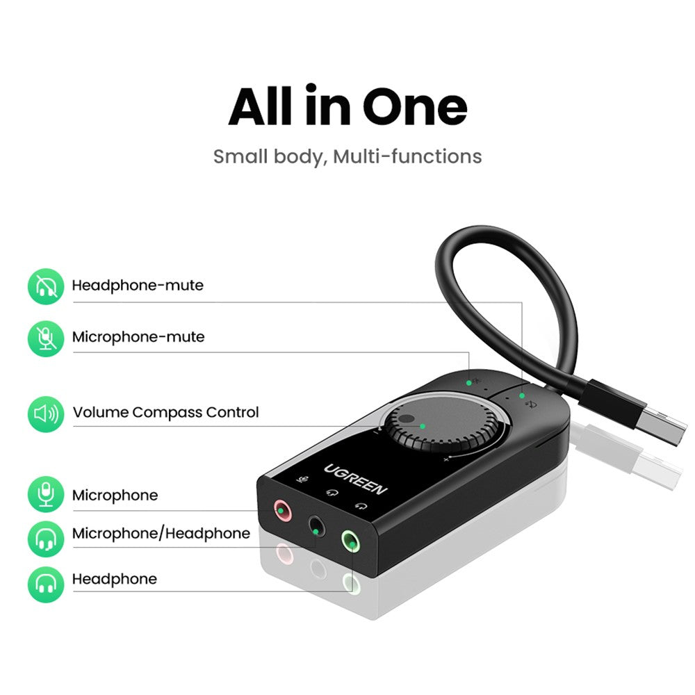 UGREEN 40964 Audioadapter – 0,15 m, USB-Audiokarte, mit 3,5-mm-Audio-/Mikrofonanschluss, für PC PS5/4